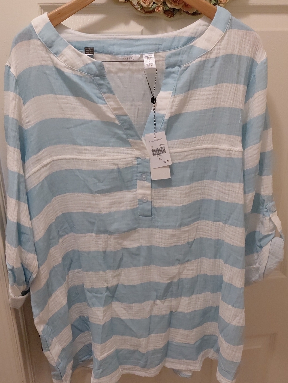 Light Blue & White Striped Women’s Pullover Tunic - Picture 1 of 5